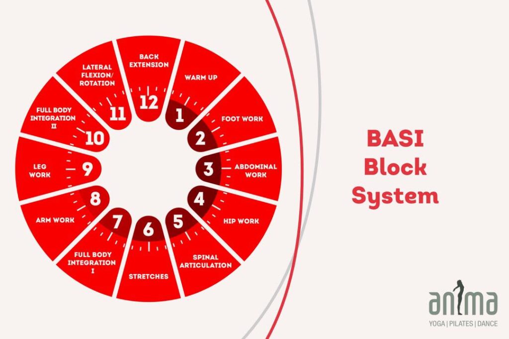 A visual diagram of the BASI Pilates Block System showing a circular