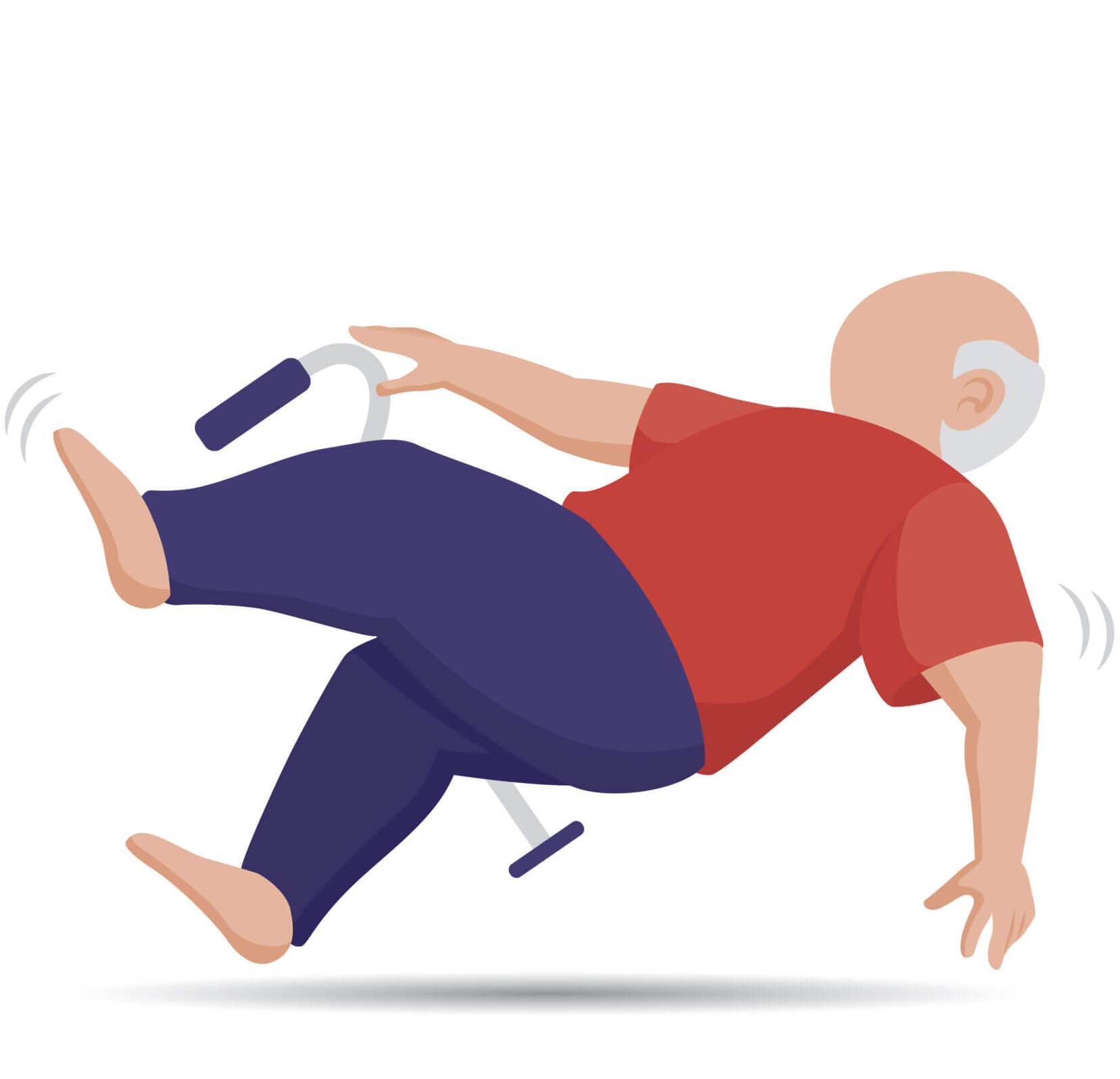 A stylized cartoon illustration of an elderly person losing their balance and falling, used to highlight fall risks and the need for prevention.