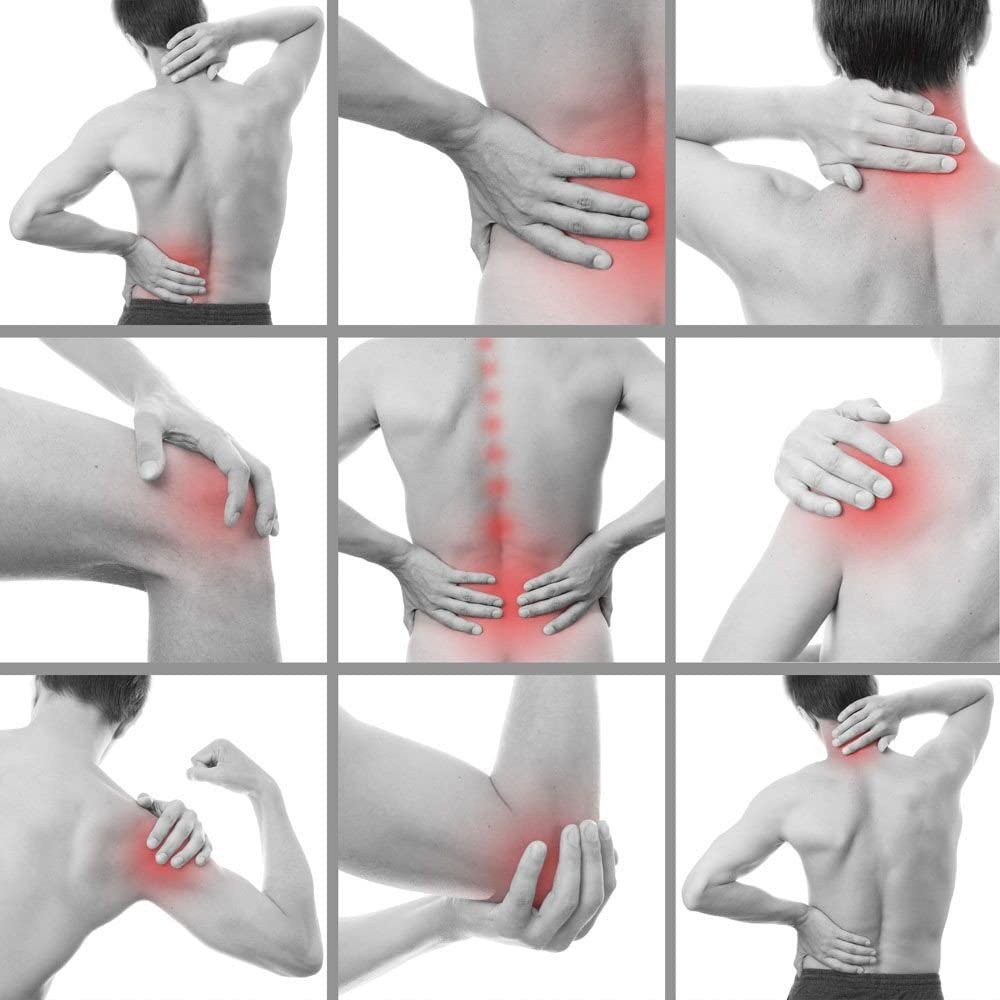 A collage illustration showing various common musculoskeletal pain locations in seniors, including the lower back, neck, hips, and knees.