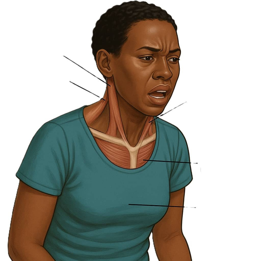 Anatomical illustration of a female patient demonstrating shallow accessory breathing patterns with highlighted sternocleidomastoid and upper trapezius muscles showing how respiratory tension affects neck posture and loads the jaw joint