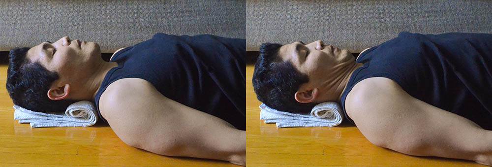 A man performing a craniocervical flexion exercise (chin tuck) to strengthen deep neck flexors and improve neck stability for cervicogenic headache relief.