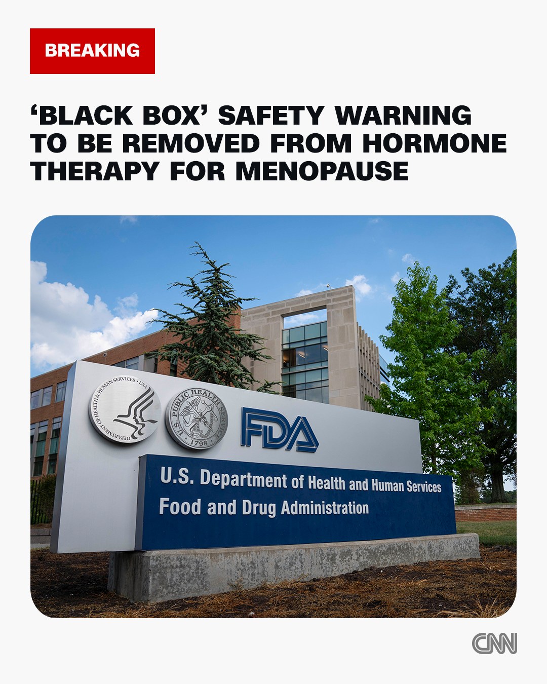 A news graphic featuring the FDA logo alongside a Hormone Replacement Therapy (HRT) medication bottle, announcing the removal of the black box warning for menopause treatment.