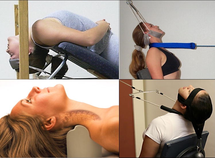 Close-up of a person using a CBP spinal remodelling traction device to restore natural neck curvature