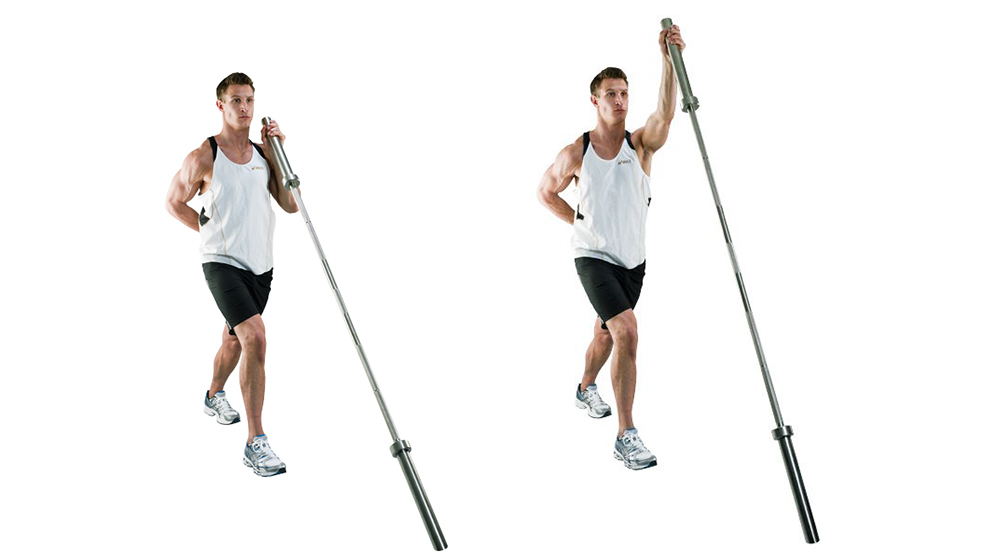 Individual performing a standing landmine press exercise for scapular winging treatment in Singapore.
